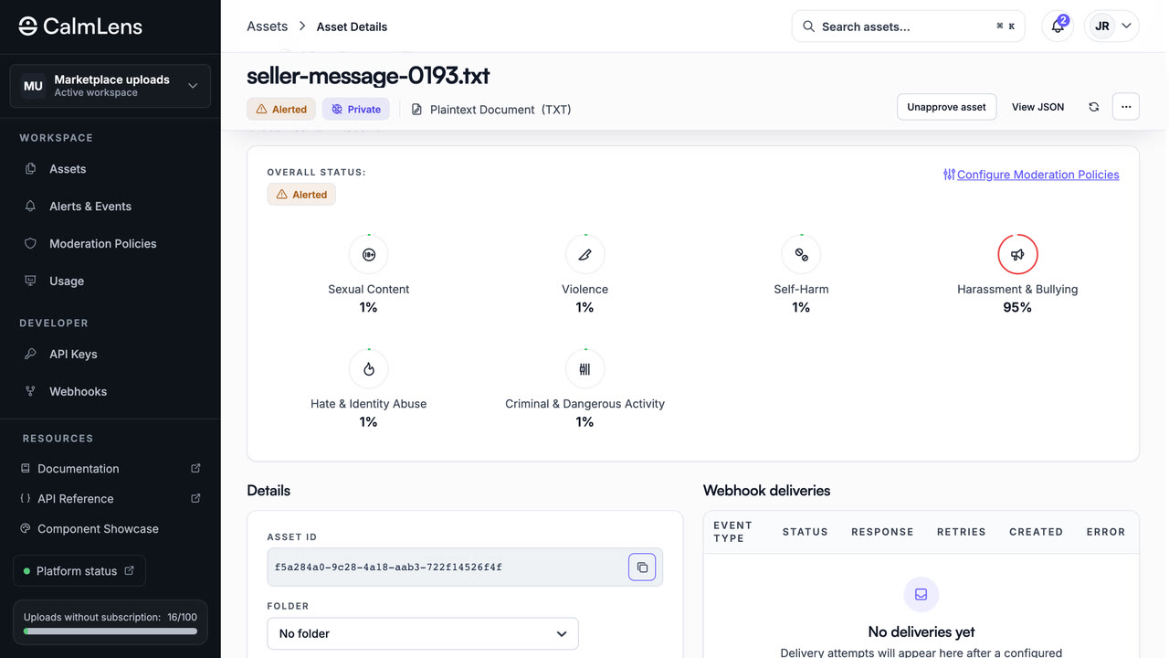 CalmLens asset details showing per-category classification scores for a message flagged for harassment
