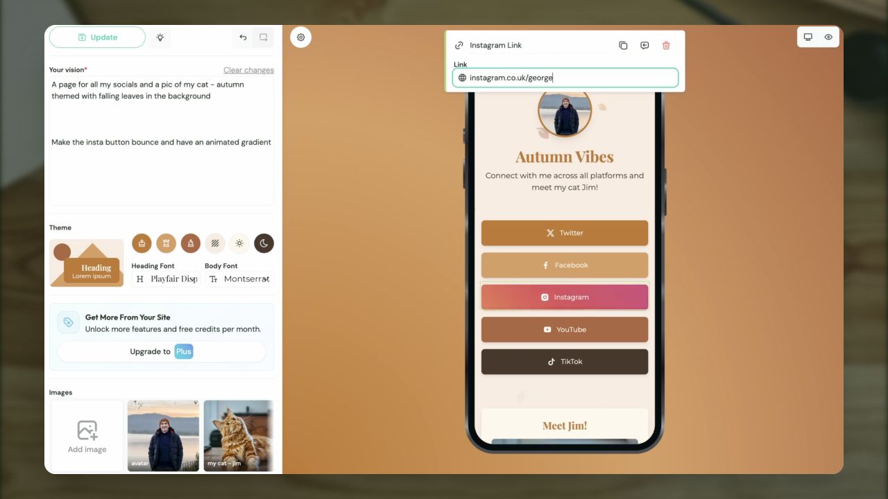 GreenLinks visual editor showing a live mobile page, theme controls, media, and link editing