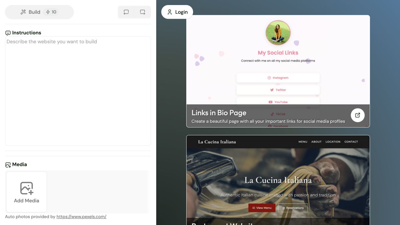 GreenLinks builder showing plain-text instructions, media controls, and live website templates